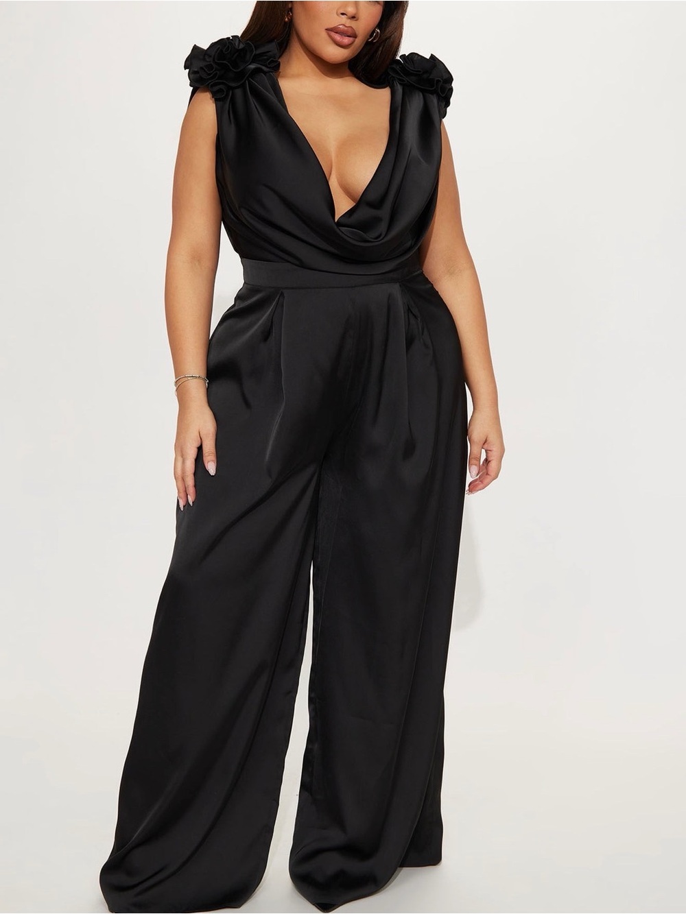 Fashion Nova Black Satin Cowl-Neck Wide-Leg Jumpsuit with Rosette Shoulders